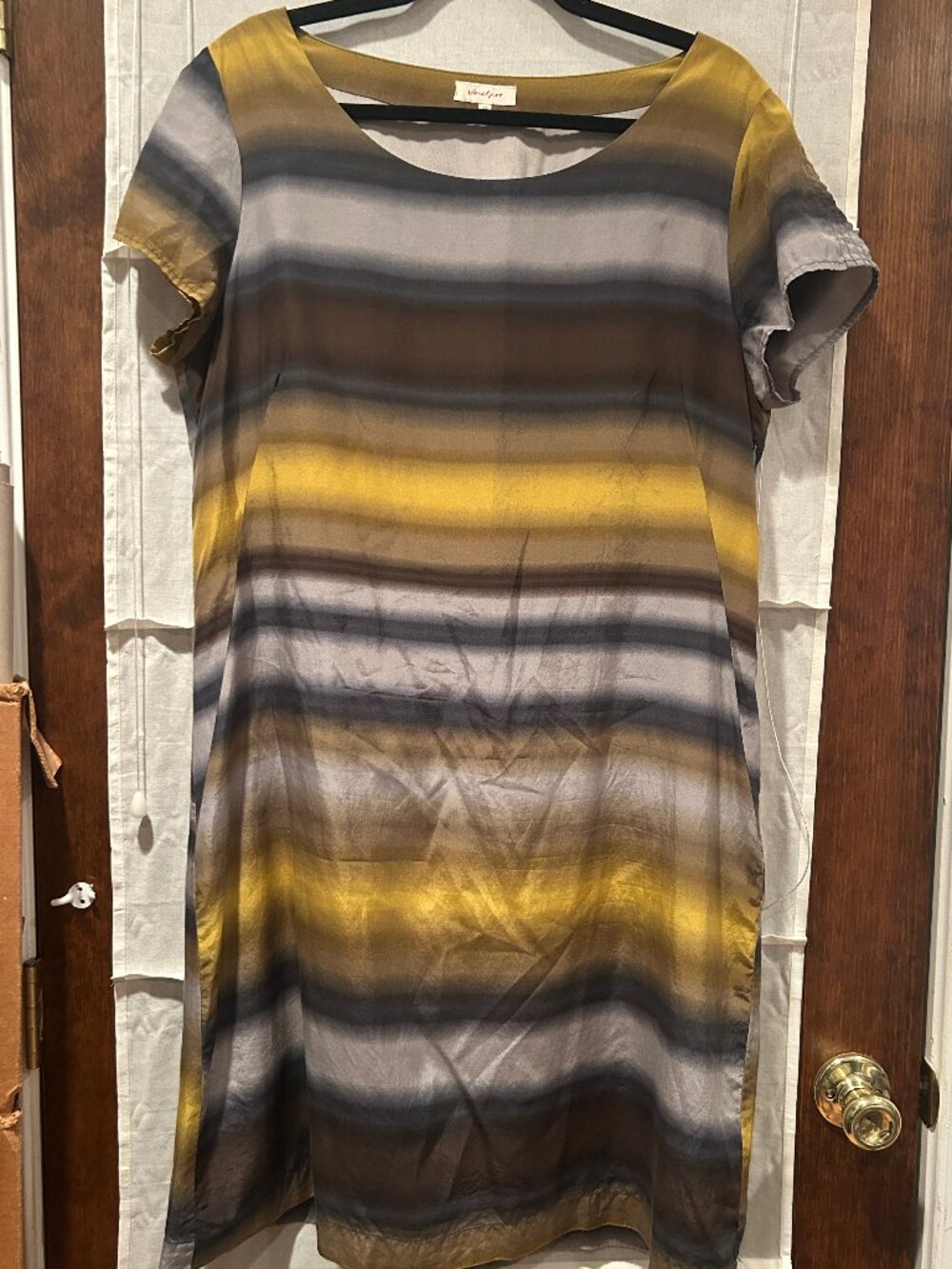Gold, Grays, and Brown, Short Sleeve Silk and Cotton Dress Size 44 (12-14)